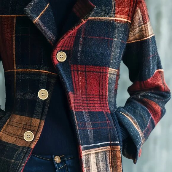 Plaid Fall/Winter Buttoned Light Retro/Vintage Style Jacket - Picture 3 of 3
